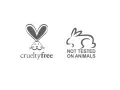 Dwa logotypy symbolizujące brak testowania kosmetyków na zwierzętach. Jeden z nich to królik z sercem zamiast uszu i napisem "crueltyfree". Drugi to królik z napisem "NOT TESTED ON ANIMALS".