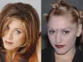 Dwie ikony stylu: Jennifer Aniston z fryzurą lat 90. i Gwen Stefani z odważnym makijażem i upięciem włosów, uosabiające fryzury damskie lat 80-90.