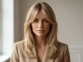 Kobieta z blond włosami i stylową grzywką kurtynową, ubrana w beżową marynarkę.