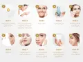 10 kroków pielęgnacja twarzy: oczyszczanie olejkiem i wodą, peeling, tonizacja, esencja, serum, maseczka, pielęgnacja okolic oczu, krem, krem z filtrem.