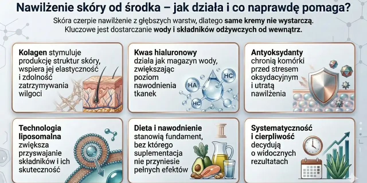Jak nawilżyć suchą skórę domowe sposoby: kolagen, kwas hialuronowy, antyoksydanty, dieta i nawodnienie to klucz do głębokiego nawilżenia.