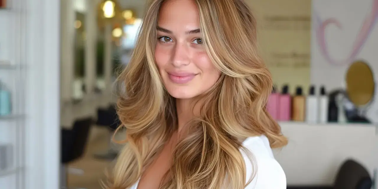 Uśmiechnięta kobieta z blond włosami w stylu wolf cut, z pasemkami i objętością.