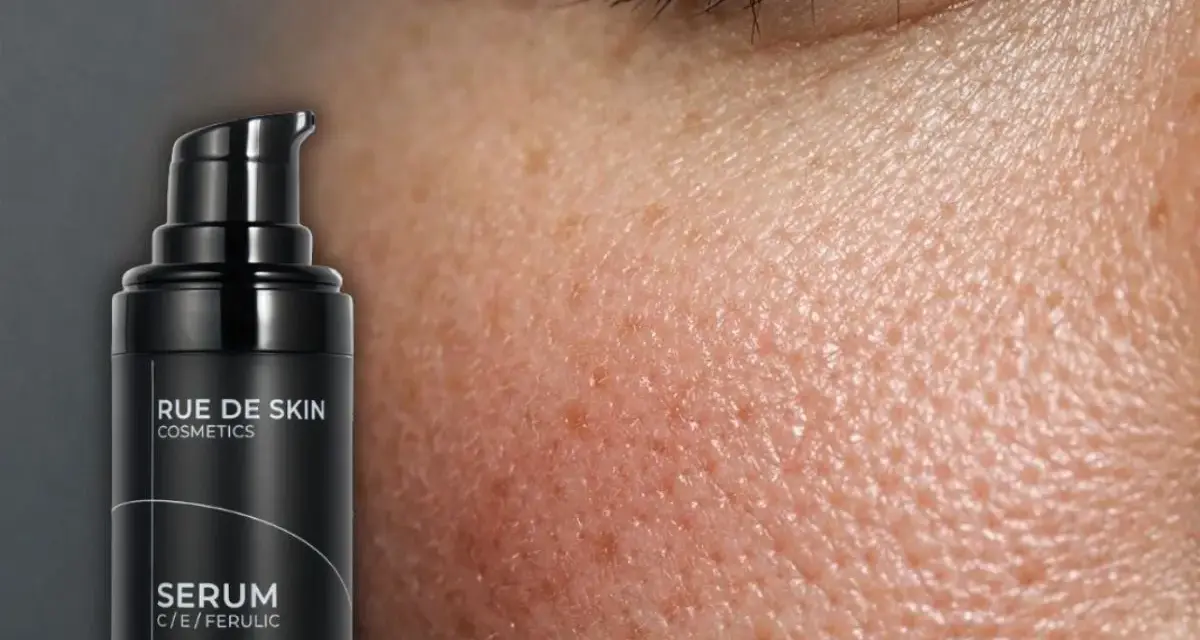 Czarny flakon serum z witaminą C, obok zbliżenia na skórę z widocznymi porami. Idealne do porannej rutyny pielęgnacyjnej.