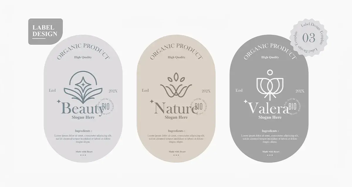 Trzy eleganckie etykiety produktów organicznych: "Beauty", "Nature" i "Valera". Każda zawiera listę składników (skład inci) i logo.