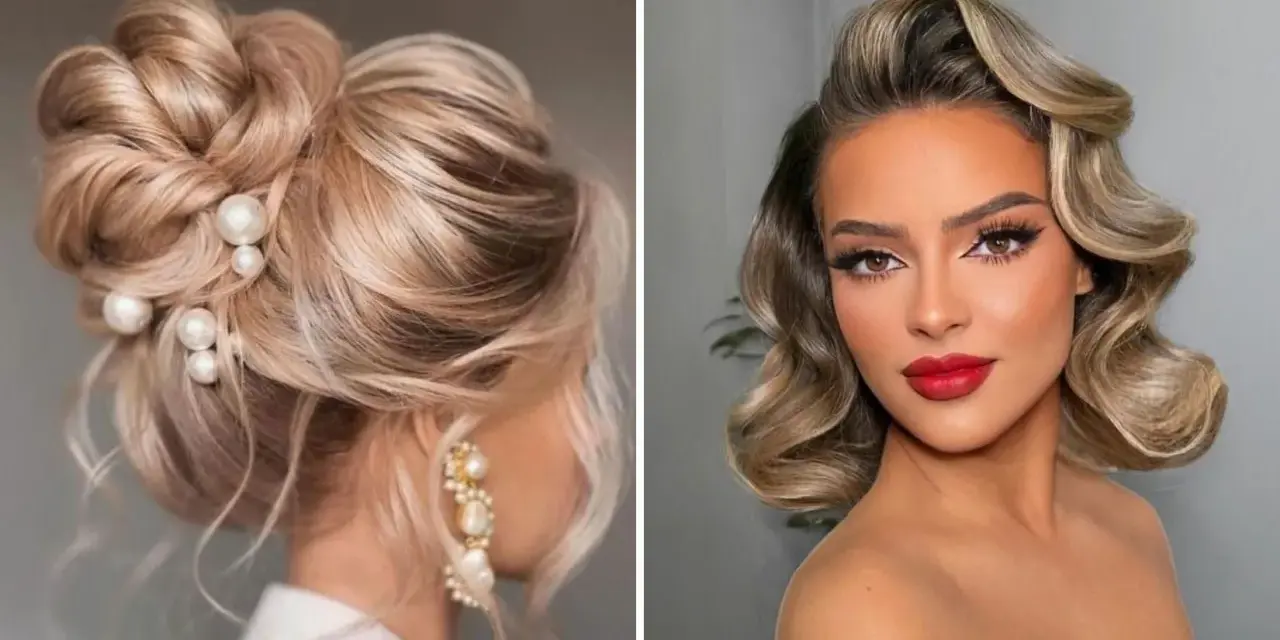 Eleganckie fryzury na wesele jako gość: upięcie z perłami i fale w stylu retro.