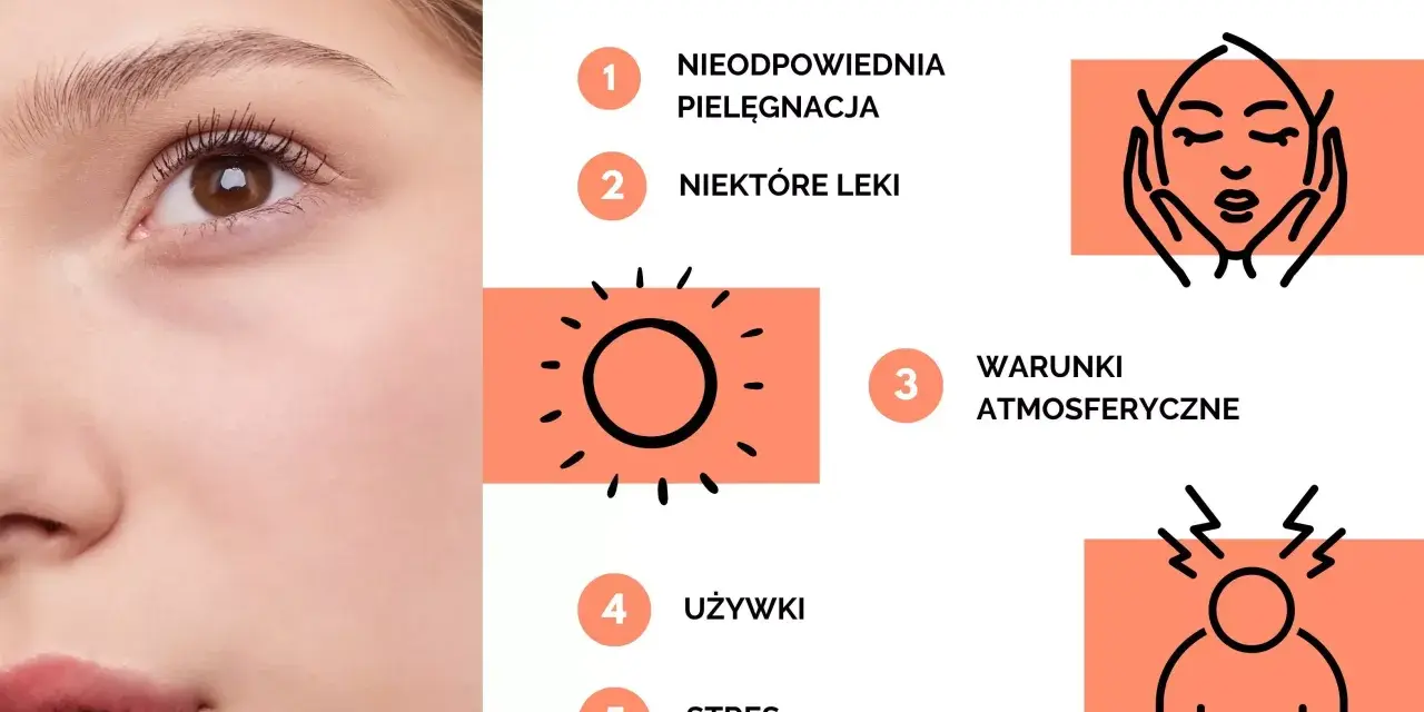 Przyczyny odwodnienia skóry: zła pielęgnacja, leki, warunki atmosferyczne, używki, stres.