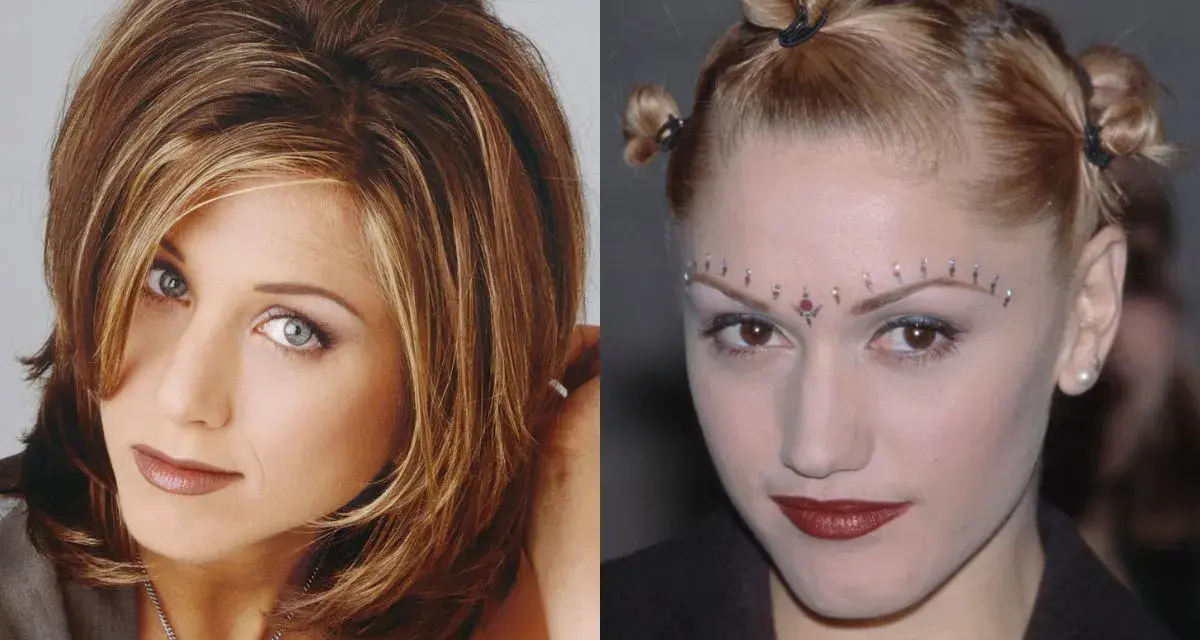 Dwie ikony stylu: Jennifer Aniston z fryzurą lat 90. i Gwen Stefani z odważnym makijażem i upięciem włosów, uosabiające fryzury damskie lat 80-90.