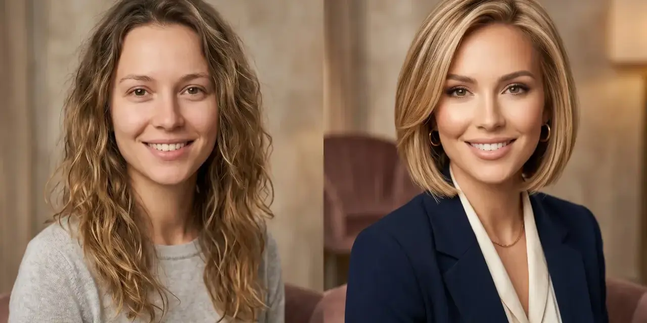 Przed i po: metamorfoza z naturalnego wyglądu do eleganckiego wizerunku z bobem warstwowym cieniowanym krótkim.