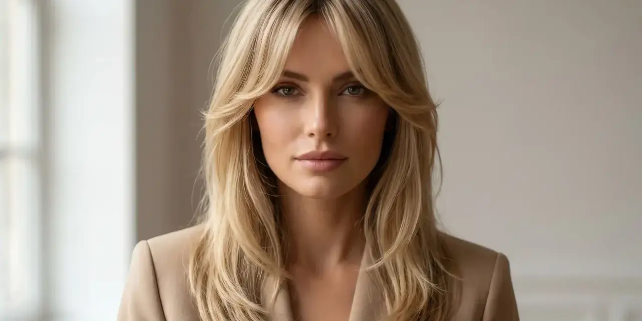 Kobieta z blond włosami i stylową grzywką kurtynową, ubrana w beżową marynarkę.