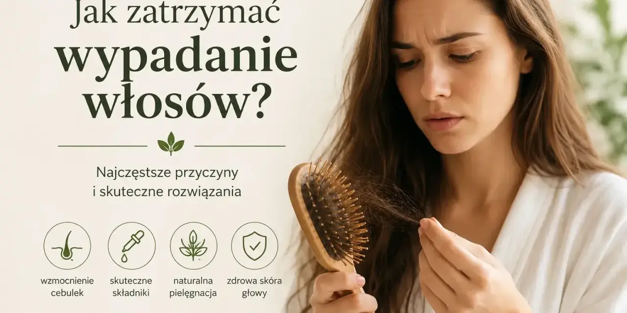 Zmartwiona kobieta trzyma szczotkę z wypadającymi włosami. Grafika podpowiada, jak wzmocnić włosy: wzmocnienie cebulek, skuteczne składniki, naturalna pielęgnacja, zdrowa skóra głowy.