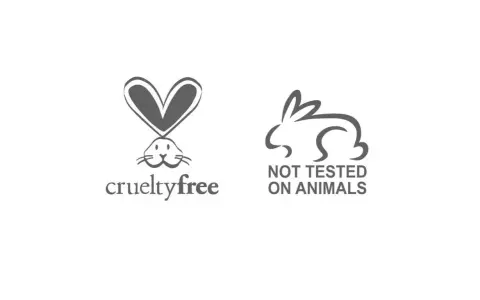 Dwa logotypy symbolizujące brak testowania kosmetyków na zwierzętach. Jeden z nich to królik z sercem zamiast uszu i napisem "crueltyfree". Drugi to królik z napisem "NOT TESTED ON ANIMALS".