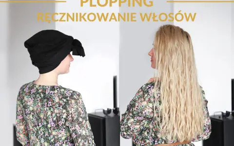 Przed i po: mokre włosy w czarnym ręczniku, a potem piękne, kręcone włosy.