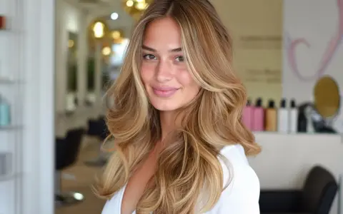 Uśmiechnięta kobieta z blond włosami w stylu wolf cut, z pasemkami i objętością.