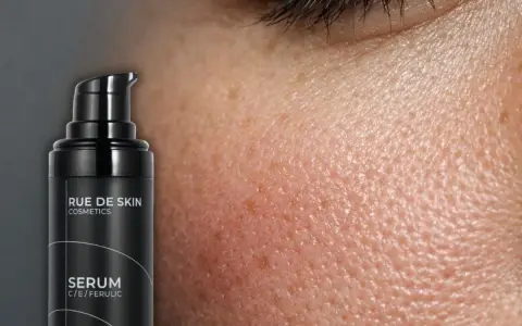 Czarny flakon serum z witaminą C, obok zbliżenia na skórę z widocznymi porami. Idealne do porannej rutyny pielęgnacyjnej.