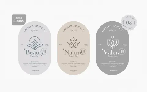 Trzy eleganckie etykiety produktów organicznych: "Beauty", "Nature" i "Valera". Każda zawiera listę składników (skład inci) i logo.
