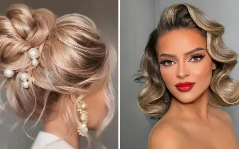 Eleganckie fryzury na wesele jako gość: upięcie z perłami i fale w stylu retro.