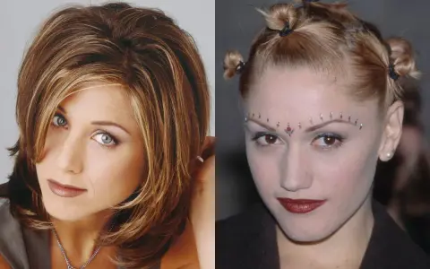 Dwie ikony stylu: Jennifer Aniston z fryzurą lat 90. i Gwen Stefani z odważnym makijażem i upięciem włosów, uosabiające fryzury damskie lat 80-90.