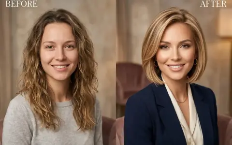 Przed i po: metamorfoza z naturalnego wyglądu do eleganckiego wizerunku z bobem warstwowym cieniowanym krótkim.