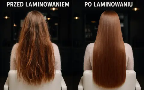 Przed i po laminacji włosów: zniszczone, puszące się włosy stają się gładkie, lśniące i zdrowe.
