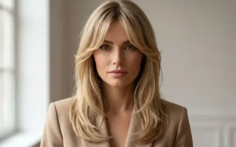 Kobieta z blond włosami i stylową grzywką kurtynową, ubrana w beżową marynarkę.