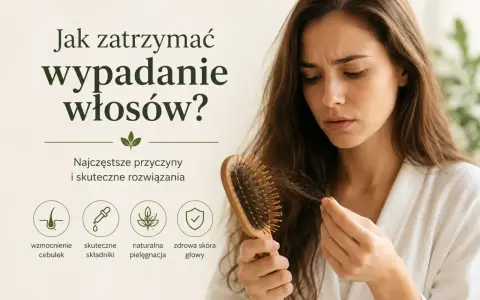 Zmartwiona kobieta trzyma szczotkę z wypadającymi włosami. Grafika podpowiada, jak wzmocnić włosy: wzmocnienie cebulek, skuteczne składniki, naturalna pielęgnacja, zdrowa skóra głowy.