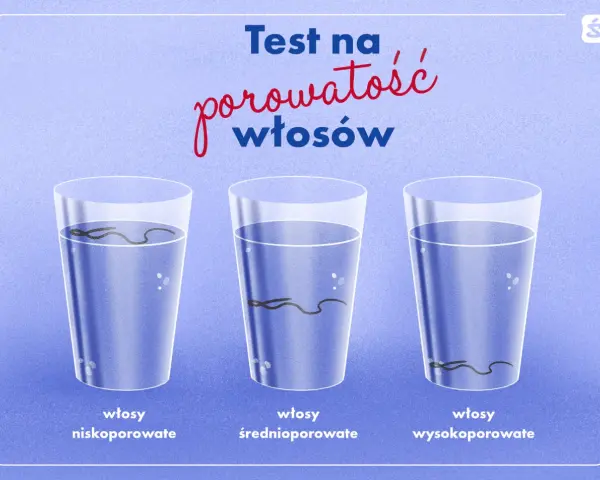 Test na porowatość włosów: włosy nisko-, średnio- i wysokoporowate w szklankach z wodą pokazują, jak szybko toną.