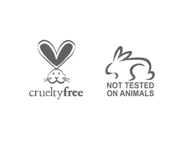 Dwa logotypy symbolizujące brak testowania kosmetyków na zwierzętach. Jeden z nich to królik z sercem zamiast uszu i napisem "crueltyfree". Drugi to królik z napisem "NOT TESTED ON ANIMALS".