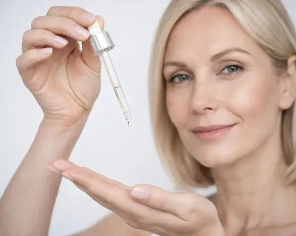 Kobieta aplikuje serum z pipetki. Pamiętaj, z czym nie łączyć niacynamidu, by uniknąć podrażnień.