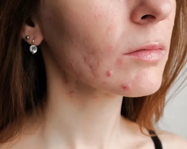 Skóra kobiety po 30. z widocznym trądzikiem hormonalnym na policzku i brodzie.