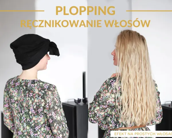 Przed i po: mokre włosy w czarnym ręczniku, a potem piękne, kręcone włosy.