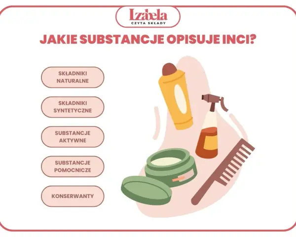 Jak czytać składy kosmetyków? Grafika przedstawia kategorie składników INCI: naturalne, syntetyczne, aktywne, pomocnicze i konserwanty.