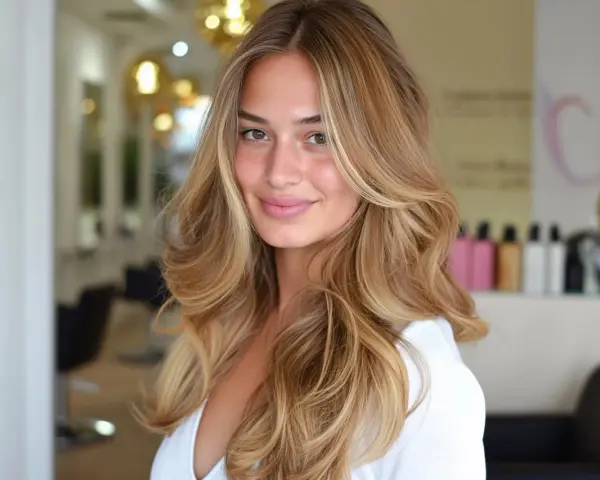 Uśmiechnięta kobieta z blond włosami w stylu wolf cut, z pasemkami i objętością.