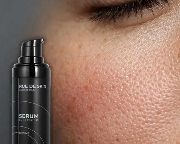 Czarny flakon serum z witaminą C, obok zbliżenia na skórę z widocznymi porami. Idealne do porannej rutyny pielęgnacyjnej.