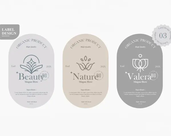 Trzy eleganckie etykiety produktów organicznych: "Beauty", "Nature" i "Valera". Każda zawiera listę składników (skład inci) i logo.