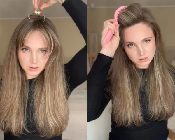 Sposób na to, jak unieść włosy u nasady: klips do podtrzymania pasm i różowa szczotka do modelowania objętości.