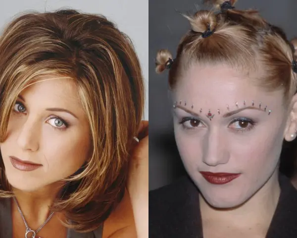 Dwie ikony stylu: Jennifer Aniston z fryzurą lat 90. i Gwen Stefani z odważnym makijażem i upięciem włosów, uosabiające fryzury damskie lat 80-90.