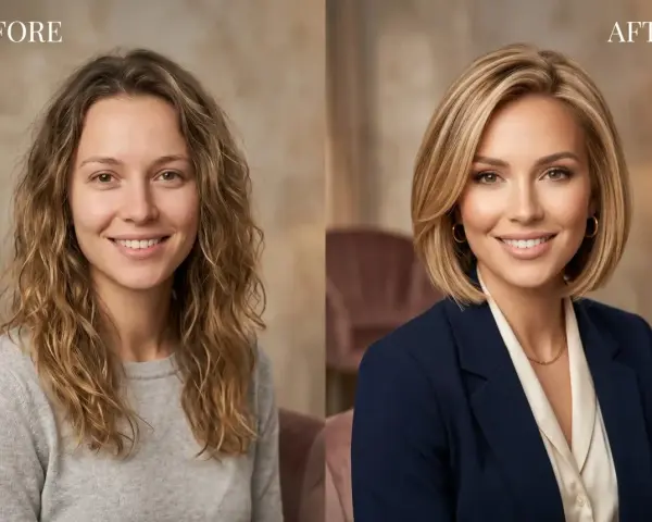 Przed i po: metamorfoza z naturalnego wyglądu do eleganckiego wizerunku z bobem warstwowym cieniowanym krótkim.