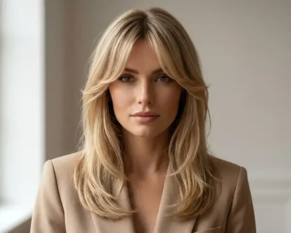 Kobieta z blond włosami i stylową grzywką kurtynową, ubrana w beżową marynarkę.