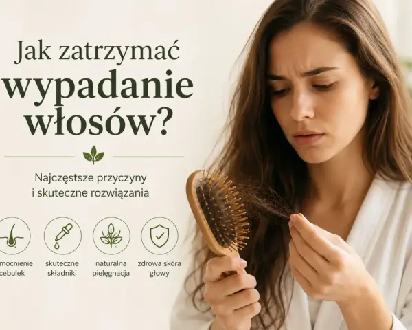 Zmartwiona kobieta trzyma szczotkę z wypadającymi włosami. Grafika podpowiada, jak wzmocnić włosy: wzmocnienie cebulek, skuteczne składniki, naturalna pielęgnacja, zdrowa skóra głowy.