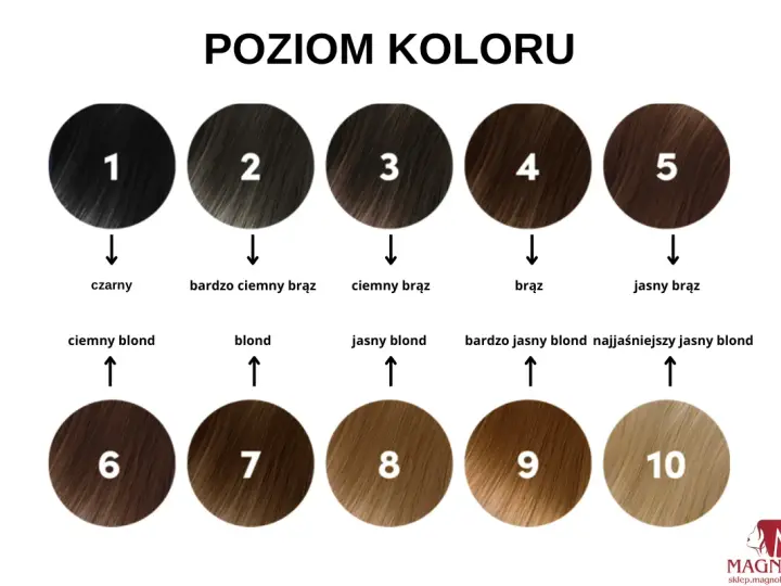 Paleta poziomów koloru włosów od czarnego (1) do najjaśniejszego blondu (10). Pomaga dobrać odpowiedni odcień i określić, ile trzymać farbę na włosach.