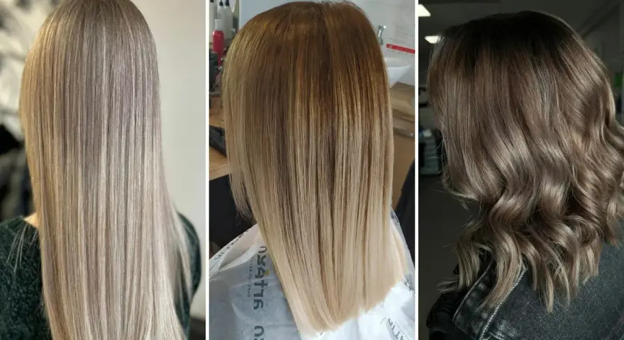 Trzy fryzury z subtelnymi refleksami, które dodają blasku i głębi, idealne dla każdej kobiety, nawet z siwymi włosami.