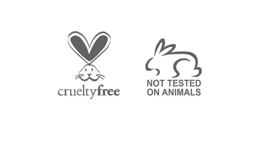 Dwa logotypy symbolizujące brak testowania kosmetyków na zwierzętach. Jeden z nich to królik z sercem zamiast uszu i napisem "crueltyfree". Drugi to królik z napisem "NOT TESTED ON ANIMALS".