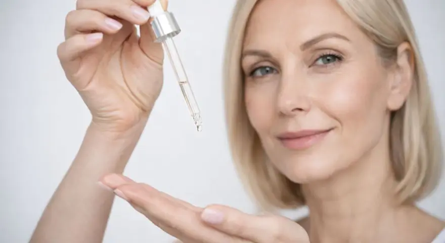 Kobieta aplikuje serum z pipetki. Pamiętaj, z czym nie łączyć niacynamidu, by uniknąć podrażnień.