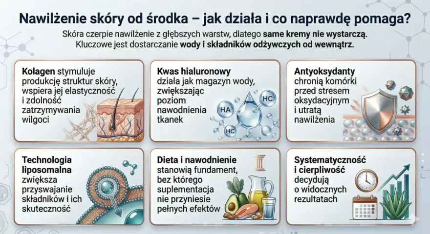 Jak nawilżyć suchą skórę domowe sposoby: kolagen, kwas hialuronowy, antyoksydanty, dieta i nawodnienie to klucz do głębokiego nawilżenia.
