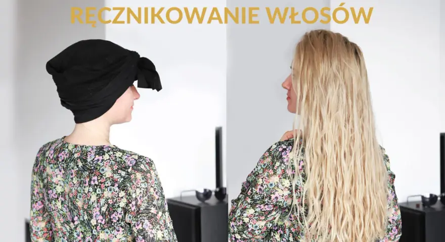 Przed i po: mokre włosy w czarnym ręczniku, a potem piękne, kręcone włosy.