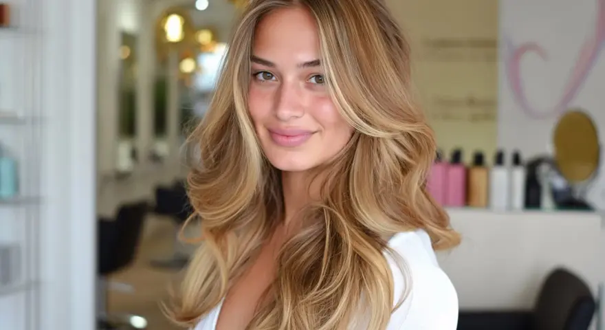 Uśmiechnięta kobieta z blond włosami w stylu wolf cut, z pasemkami i objętością.