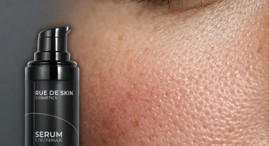 Czarny flakon serum z witaminą C, obok zbliżenia na skórę z widocznymi porami. Idealne do porannej rutyny pielęgnacyjnej.