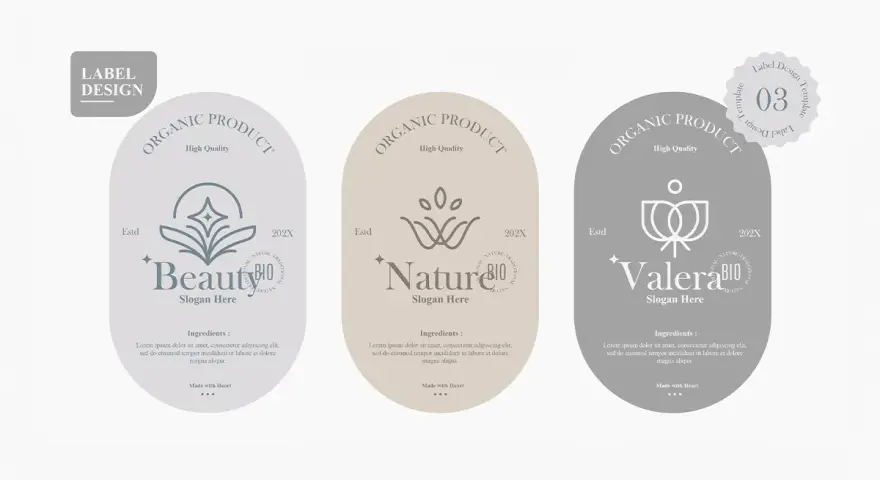 Trzy eleganckie etykiety produktów organicznych: "Beauty", "Nature" i "Valera". Każda zawiera listę składników (skład inci) i logo.