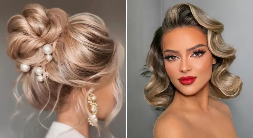 Eleganckie fryzury na wesele jako gość: upięcie z perłami i fale w stylu retro.
