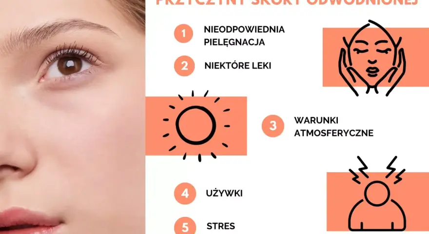 Przyczyny odwodnienia skóry: zła pielęgnacja, leki, warunki atmosferyczne, używki, stres.